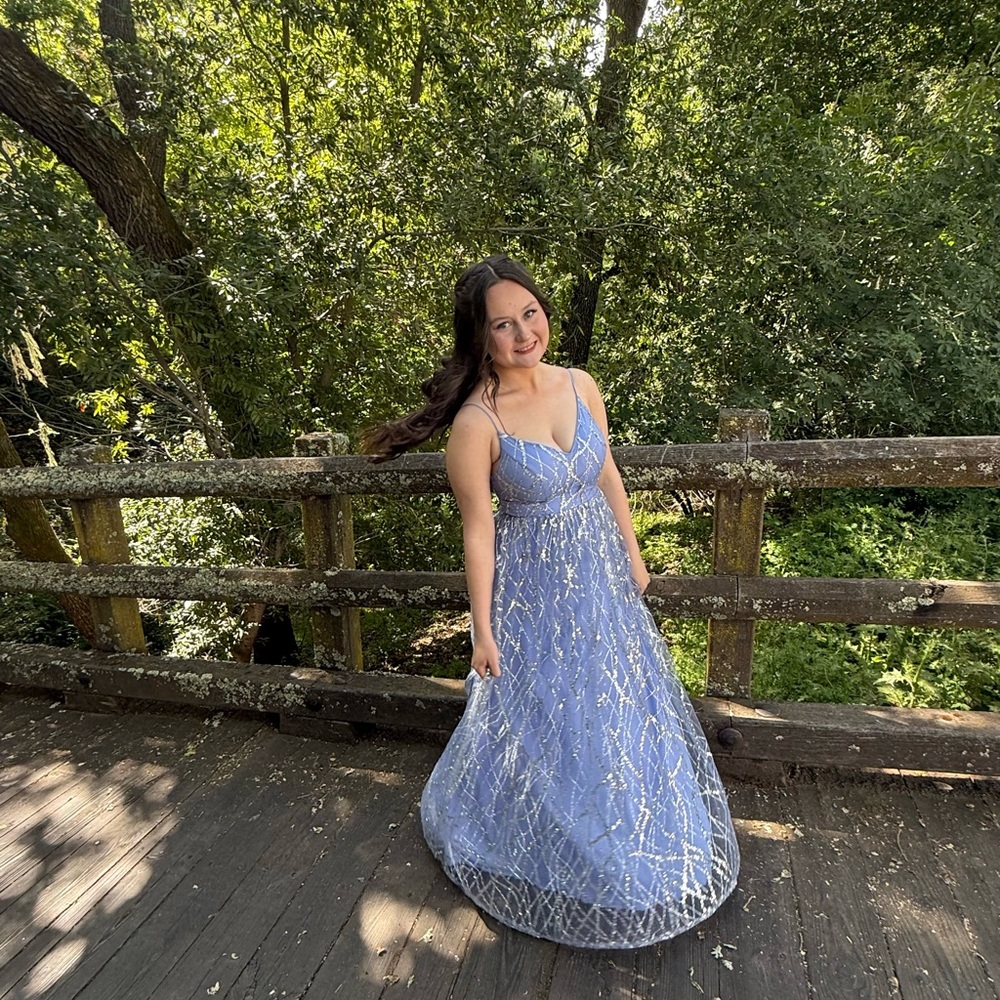 Elegant Blue and Silver Prom Dress